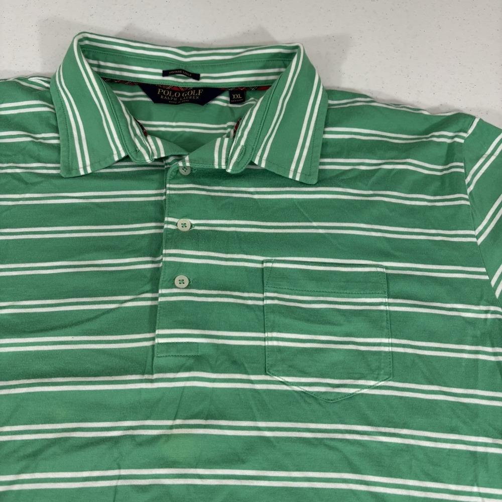 Polo Golf Ralph Lauren Vintage Lisle Pocket Polo Shirt Green/White Stripe XXL